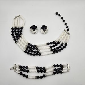 Vintage Milk And Black Glass Multi Strand Choker Necklace, Bracelet, Earring Set
